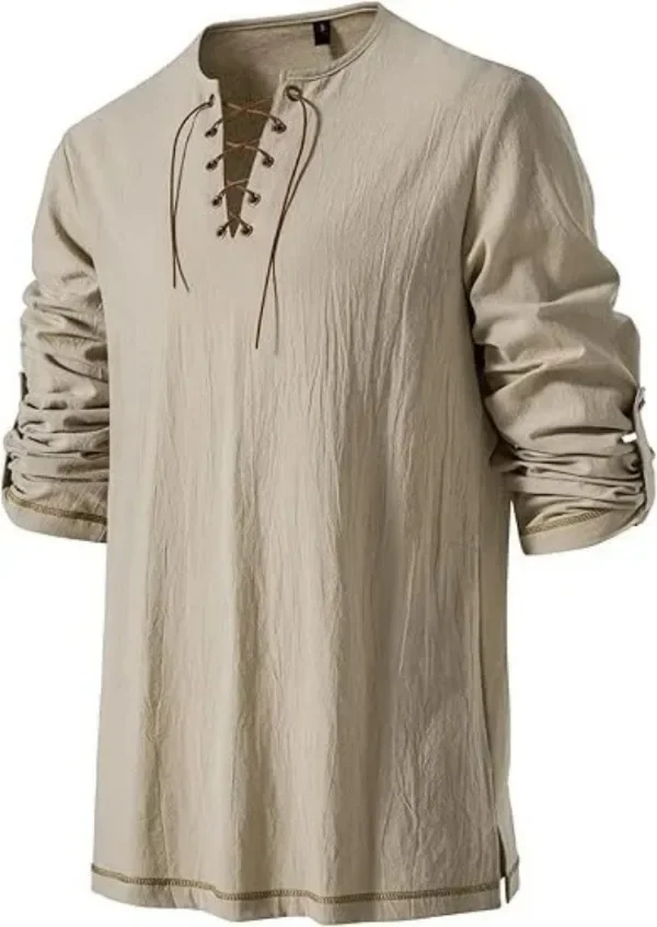 Mittelalterliches Schnürhemd für Herren mit Gürtel, langärmelig, Vintage-Piraten-Wikinger-Oberteil, Halloween-Cosplay-Kostüm, lässige Bluse – Detail 10