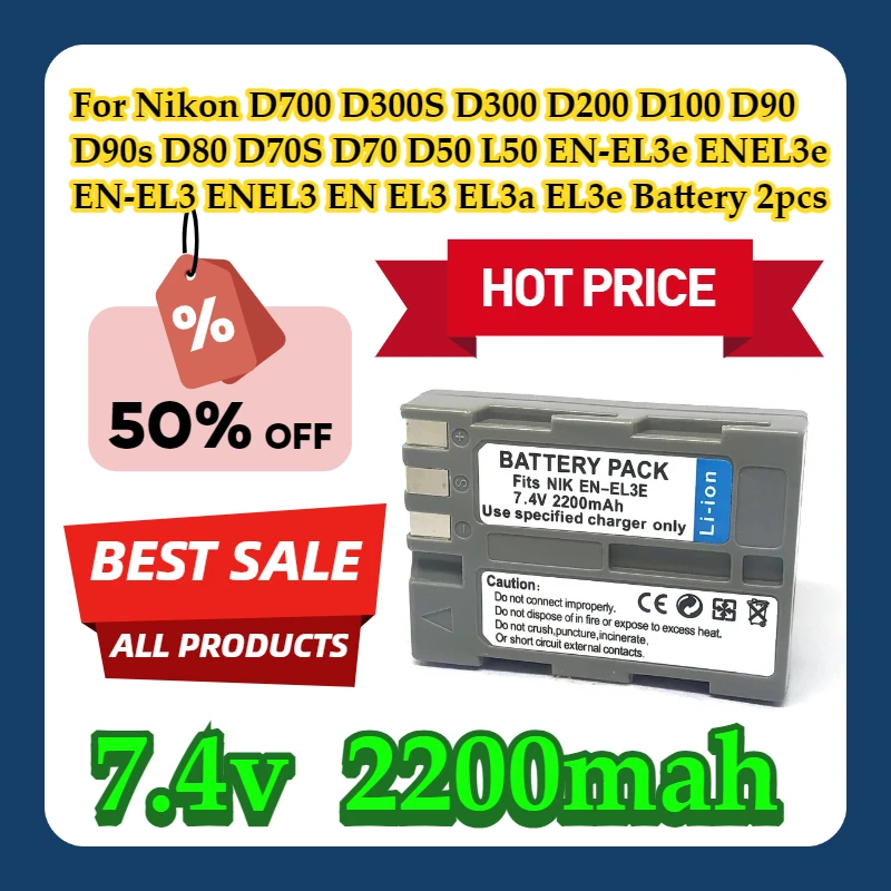 

For Nikon D700 D300S D300 D200 D100 D90 D90s D80 D70S D70 D50 L50 EN-EL3e ENEL3e EN-EL3 ENEL3 EN EL3 EL3a EL3e Battery 2pcs