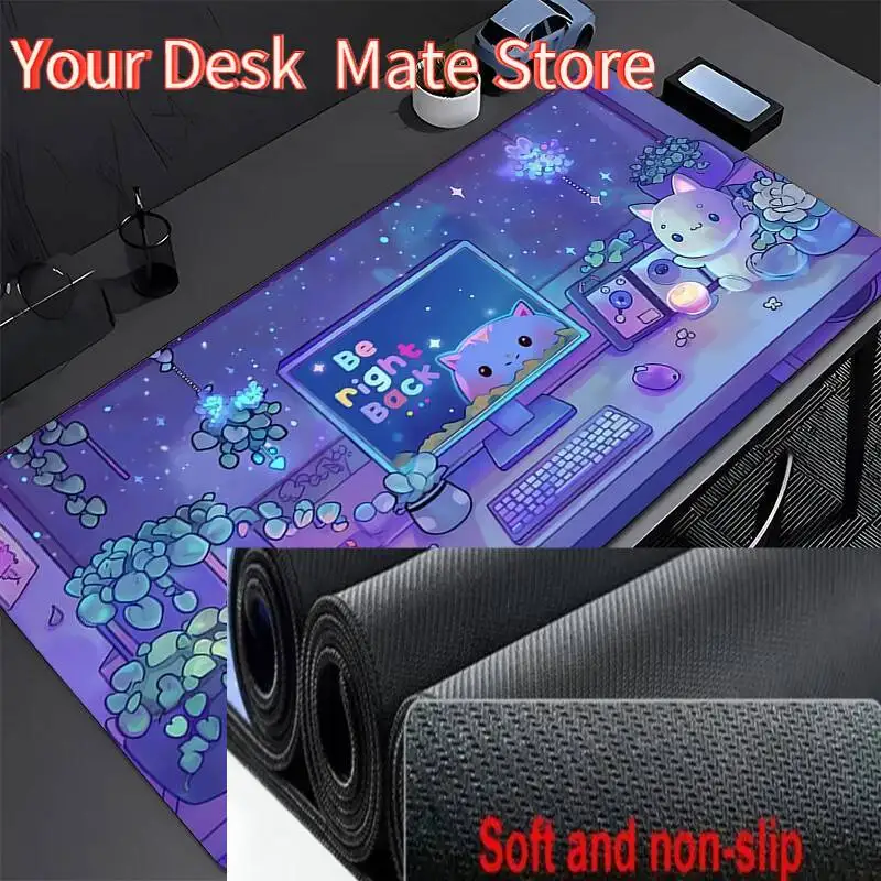 

Mouse Pad Laptop Cartoon Cat HD Print Kawaii Keyboard Pad PC Purple Clouds Cute Anime Mousepad Cozi Lofi Plant Extended Desk Mat