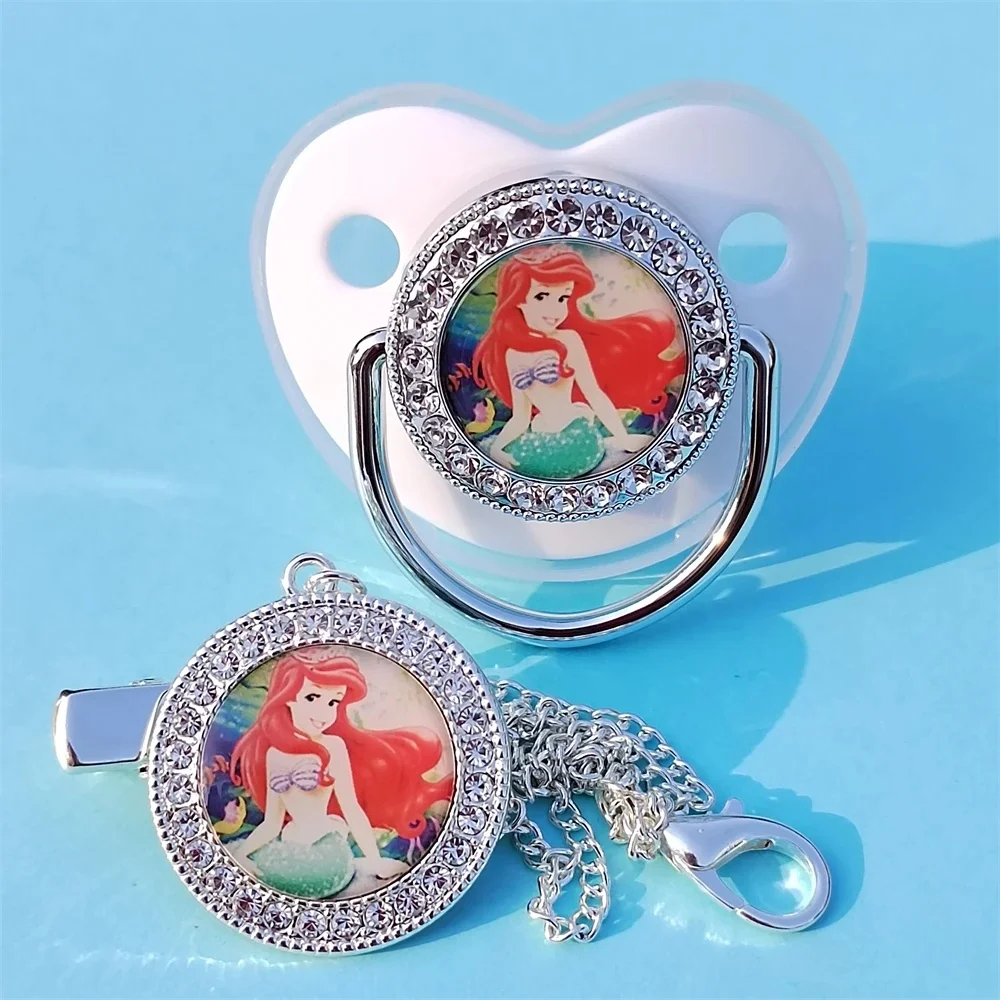 [Anime Princess Print Feeding Pacifier] 2024 Disney Diamond shaped baby pacifier with chain cover baby cord bpa Bling fake 0-18M