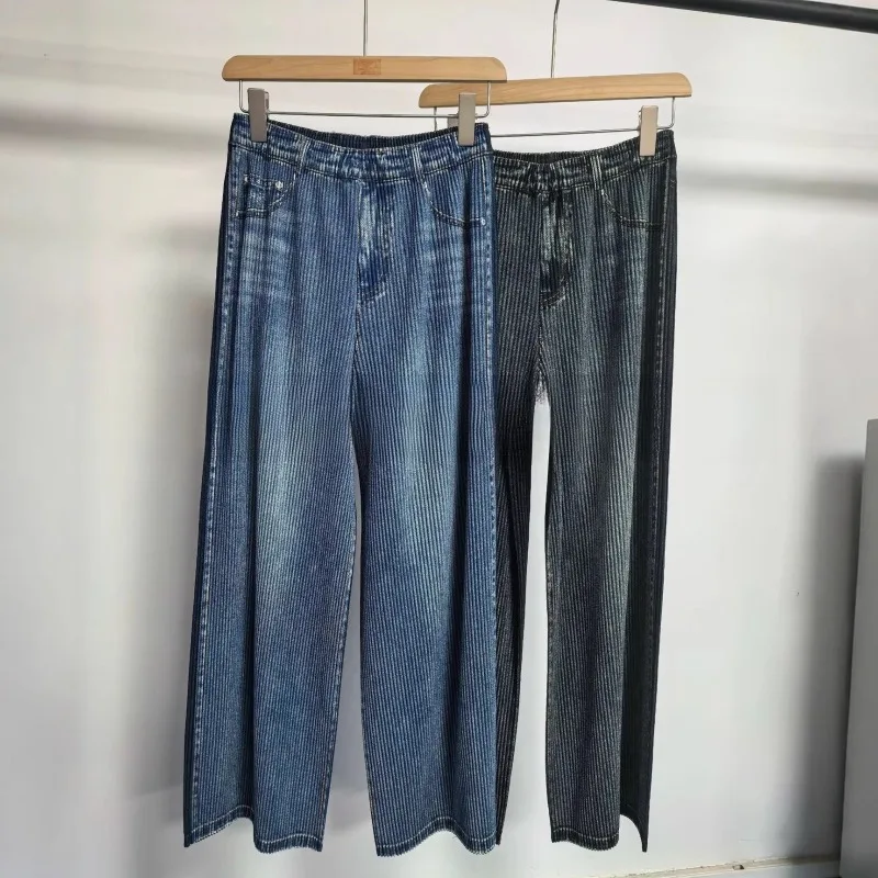 retro vertical stripes women's straight pants 2026 spring new pleated process versatile casual loose thin wide-leg pants