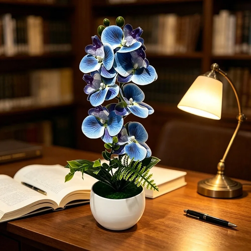 7 Heads Artificial Orchid Potted Flower with White Pot Multi-Bloom Simulated Flower Butterfly Orchid Potted Pink Plastic