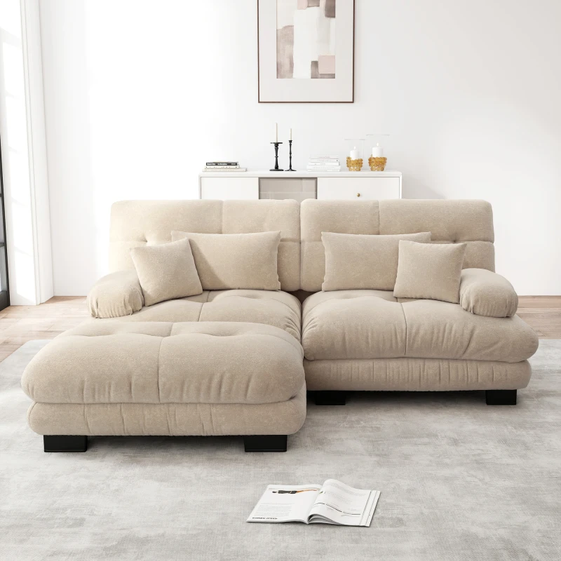 Canapé d'angle Nuage Moderne en tissu chenille marron clair 220x95x85 cm, canapé double rembourré épais avec grands accoudoirs confortables, deux coussins lombaires et décoratifs, repose-pieds