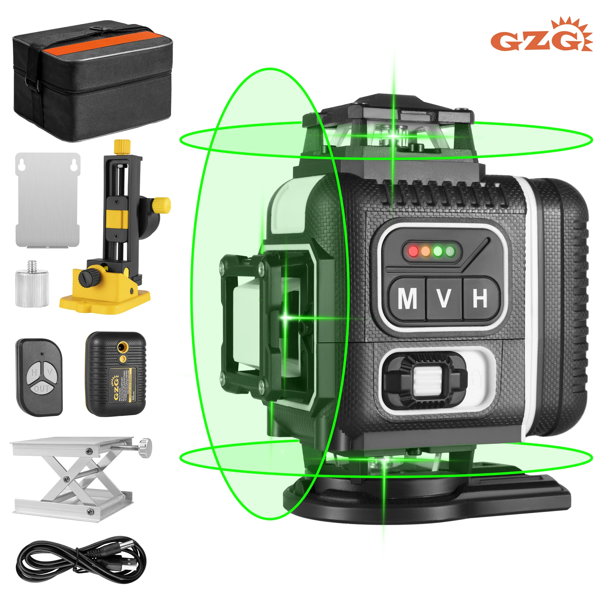 GZG Laser Level 4x360 Self Leveling 16 Lines Green Beam 4D Cross  Pulse Mode  Remote Controller Lifting Base Oxford Fabric Case