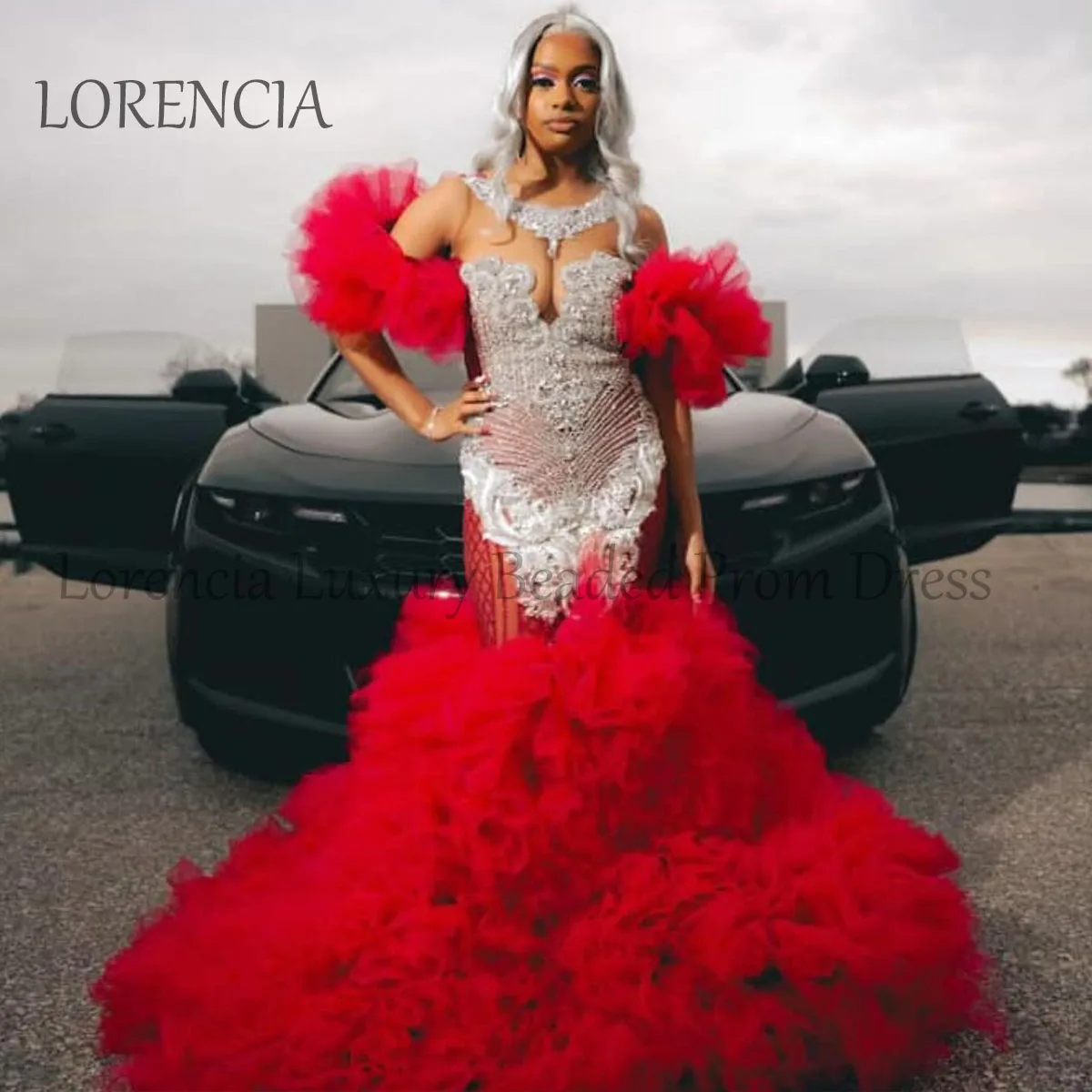 Red Crystal Mermaid Prom Dresses Ruffle 2024 For Black Girls Rhinestones Formal Gowns Sleeveless Crystal robe chic soirée