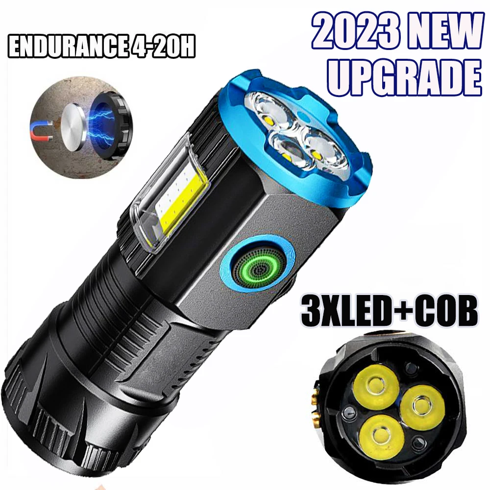 

New Upgraed 3LED Flashlight Ultra Strong Light COB Flash Light usb Rechargeable Built-in Battery with Pen Clip and Tail Magnet