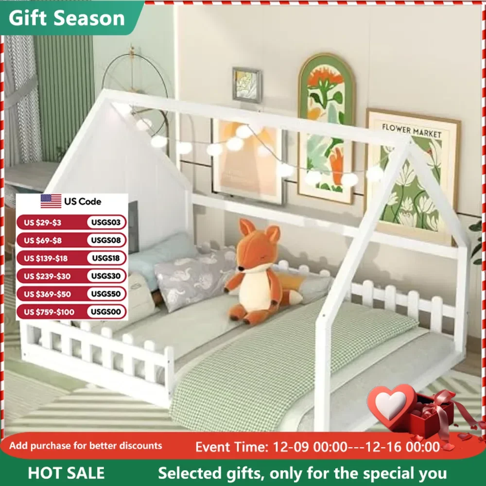 

Full Size House Bed for Kids,Wood Montessori Floor Bed with Fence and Window Full Floor Bed with Rails for Girls Boys