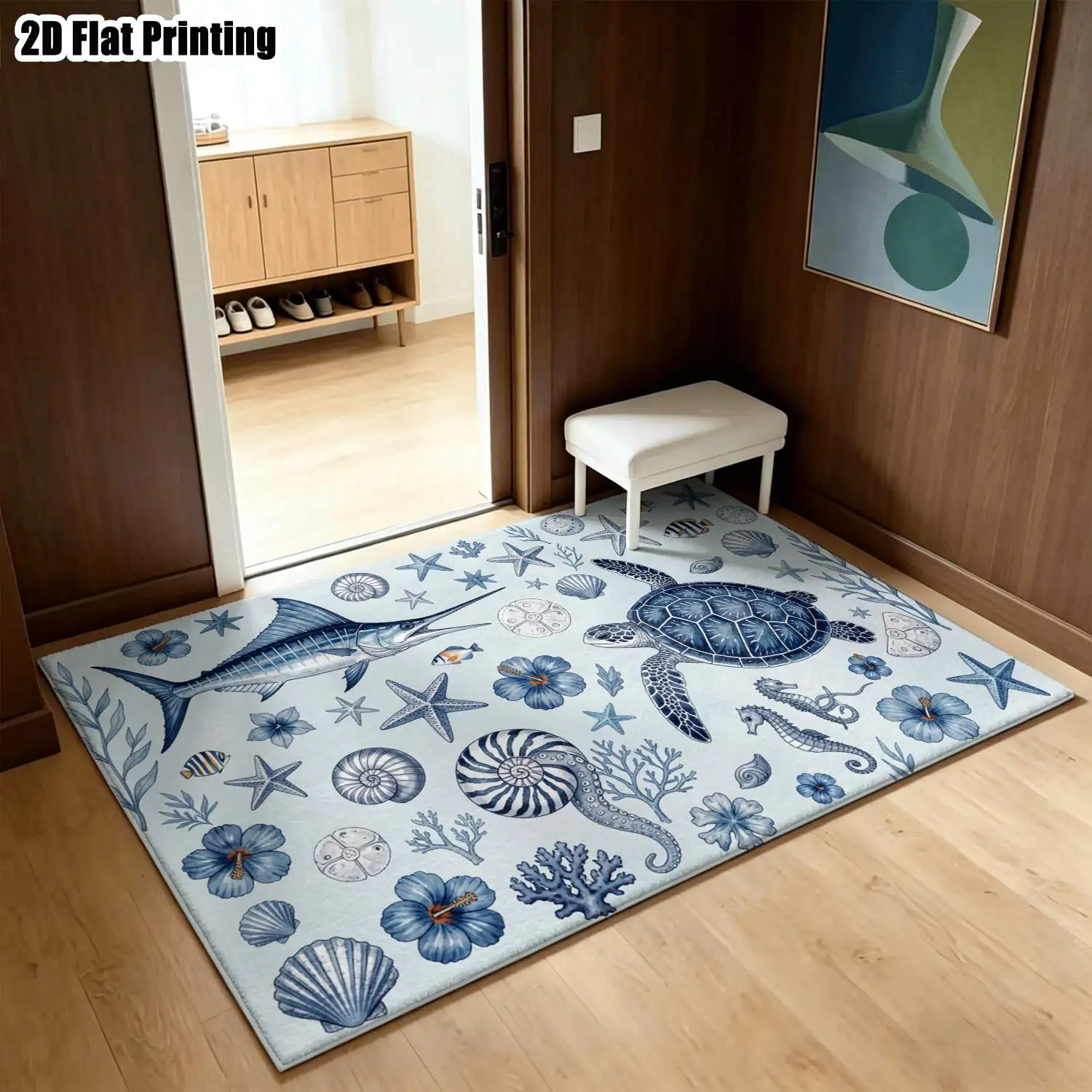 1Pc 2D Printed Carpet: Blue-White Marine Life Patterns, Nordic/Instagram/Modern Minimalist/European/Vintage Styles, Multi-Size, Machine Washable, for Entrance, Dining, Foyer, Living Room, Bedroom Home Decor