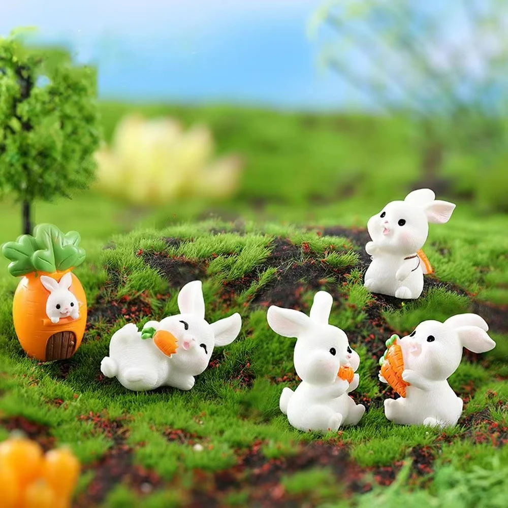 Cartoon Carrot Rabbit Figurines Resin Handmade Easter Bunny Micro Landscape Ornament Realistic Mini Carrot For Decoration Garden