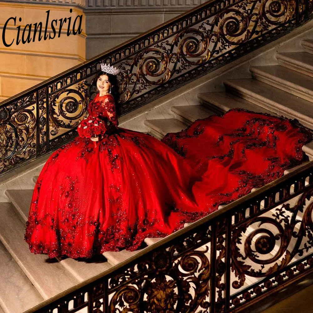 Red Quinceanera Dresses Ball Gown Long Sleeves Sequins Beaded Sparkle Mexican Sweet 16 Dresses 15 Anos