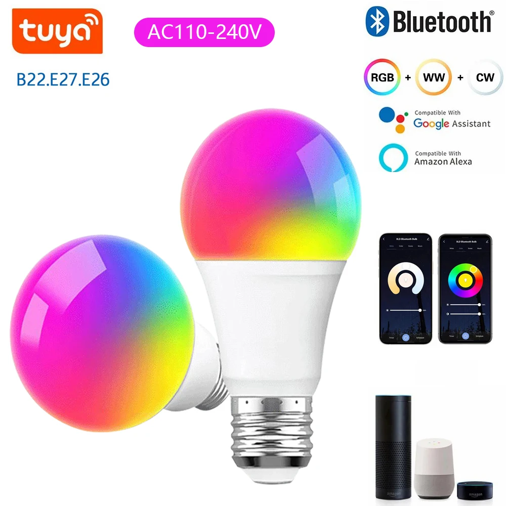 Tuya Bluetooth RGB LED Bulb APP Control 2700-6500K Stepless Dimmable Smart Life 9W RGB+CW+WW Color Change Lamp AC85-265V E27 E26