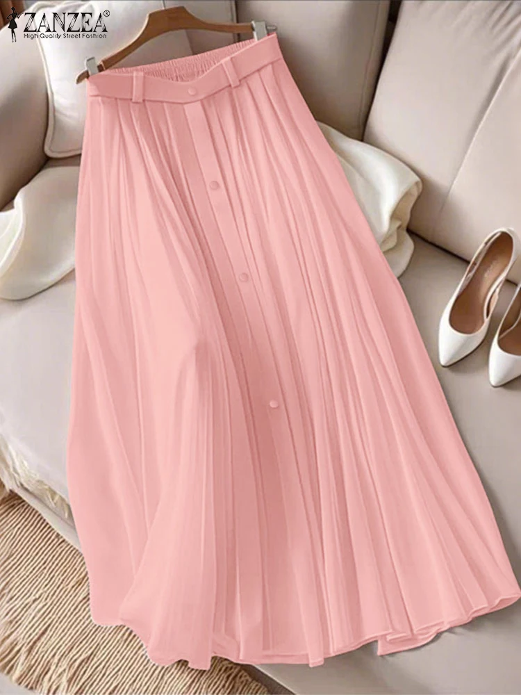 ZANZEA Fashion Long Skirts Women Autumn Elastic Wais Jupes Casual Pleated Faldas Saia 2025 Elegant Solid Color Party Maxi Bottom