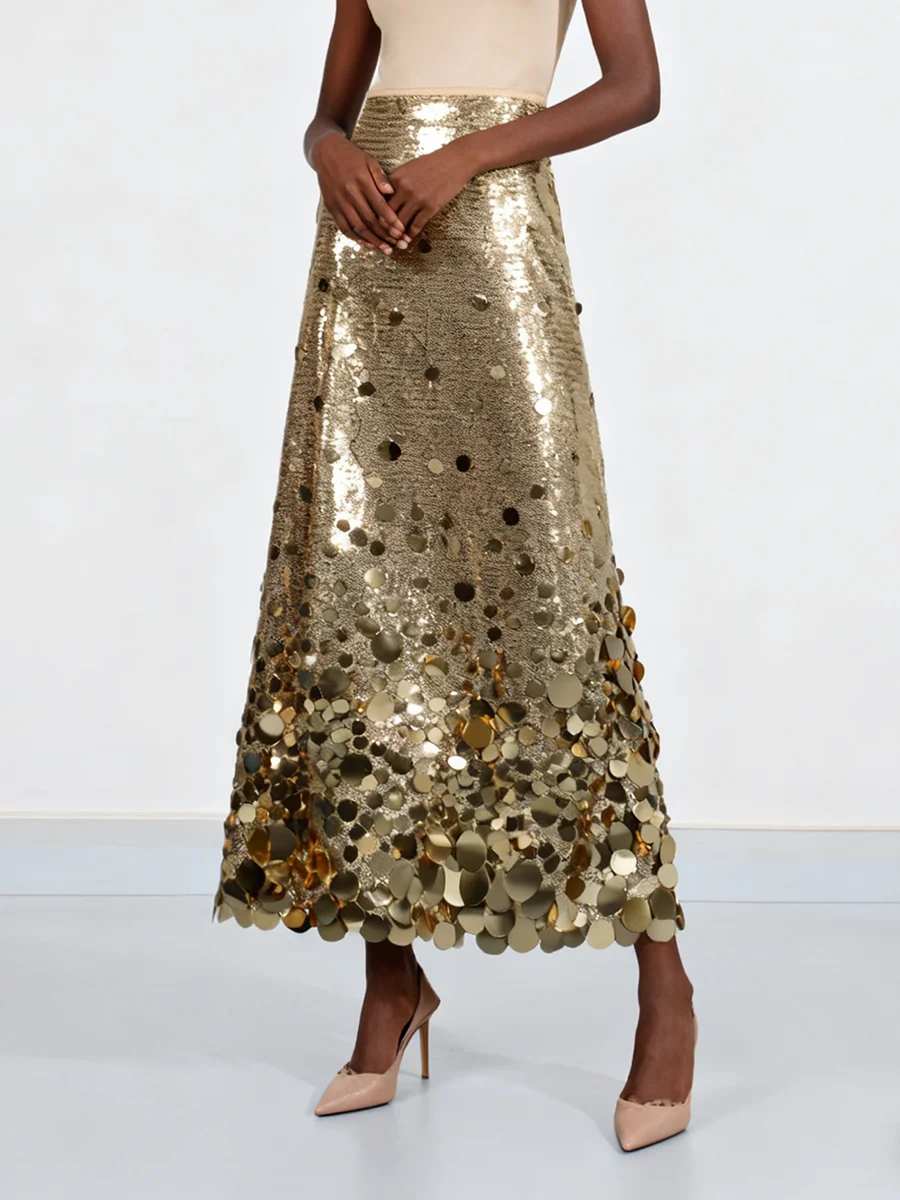 VGH رائع التخسيس الصلبة الترتر تنورة طويلة للنساء عالية الخصر تقسم سستة الخريف مزاجه تنورة الحفلات الإناث نمط