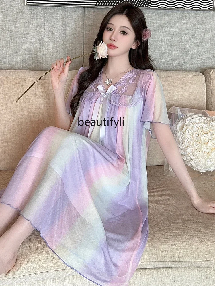 French Style Princess Nightdress Women's High Sense Short Sleeve Mesh Pajamas Summer Thin Double-Layer Yarn with Chest Pad