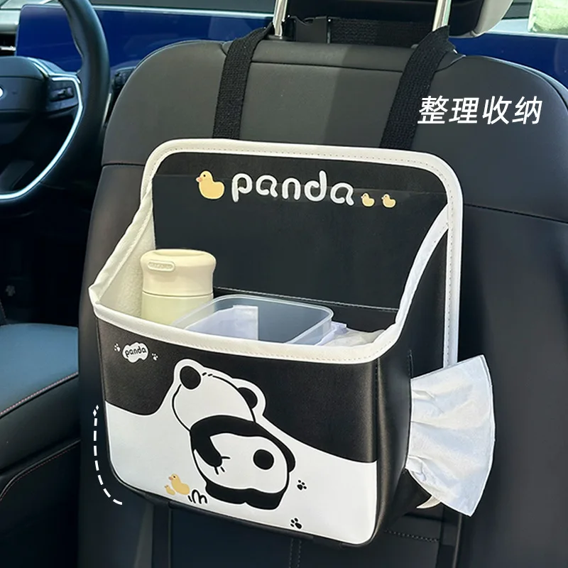 

Cute Panda Car Storage Bag Leather Dirt-resistant and Wear-resistant Car Hanging Storage Bag Car Trash Can Tissue Box Supplies