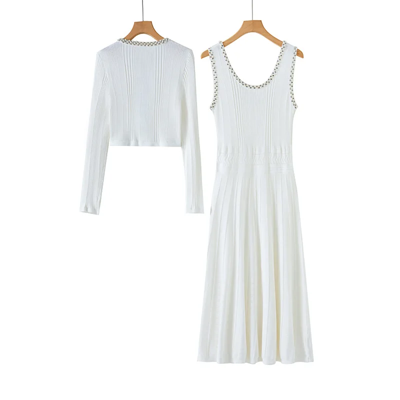 Lady High Quality Beading Solid Suit O-neck Long Sleeve Cardigan U-neck Sleeveless A-line Long Dress Women Knit 2Pcs
