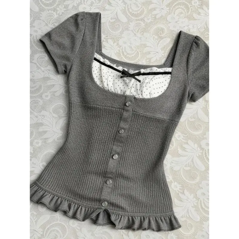 Sweet Japanese Blouse Women Vintage Elegant Lace Ruffles Short Sleeve Tops Female Cute Bow Slim Fit Shirt Y2k Aesthetic Blusas