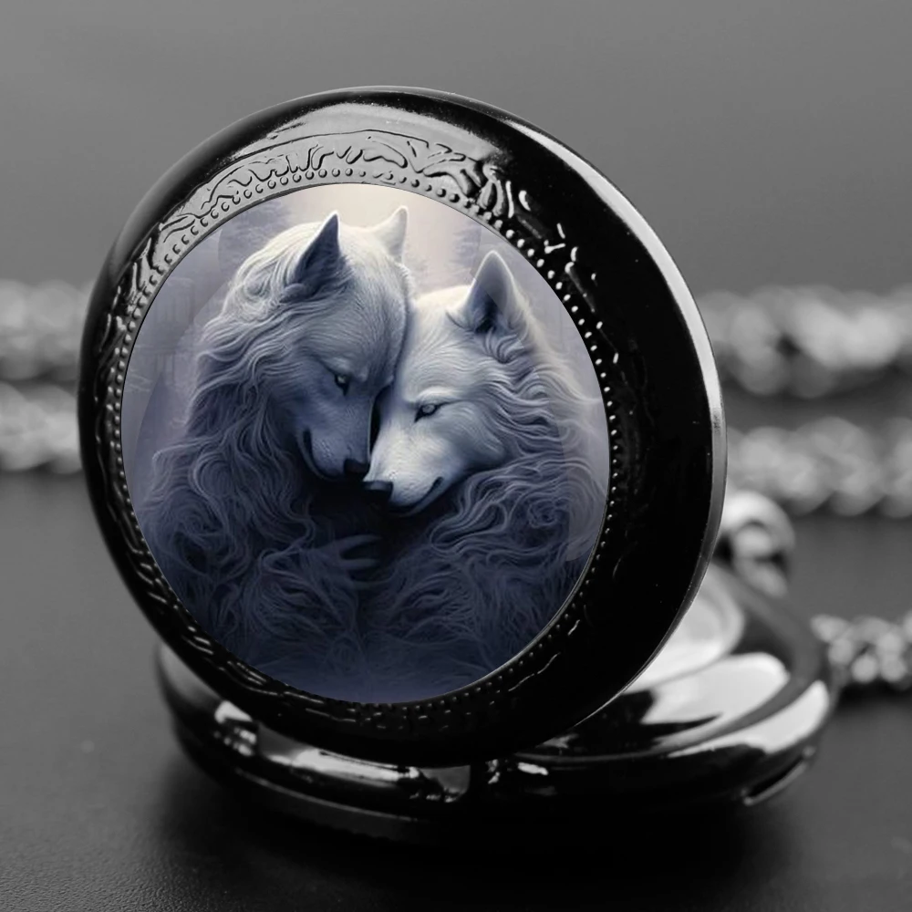 Double Wolf Themed Glass Dome Quartz Pocket Watch Classic Arabic Numeral Dial with Durable Chain for Men Creative Gifts