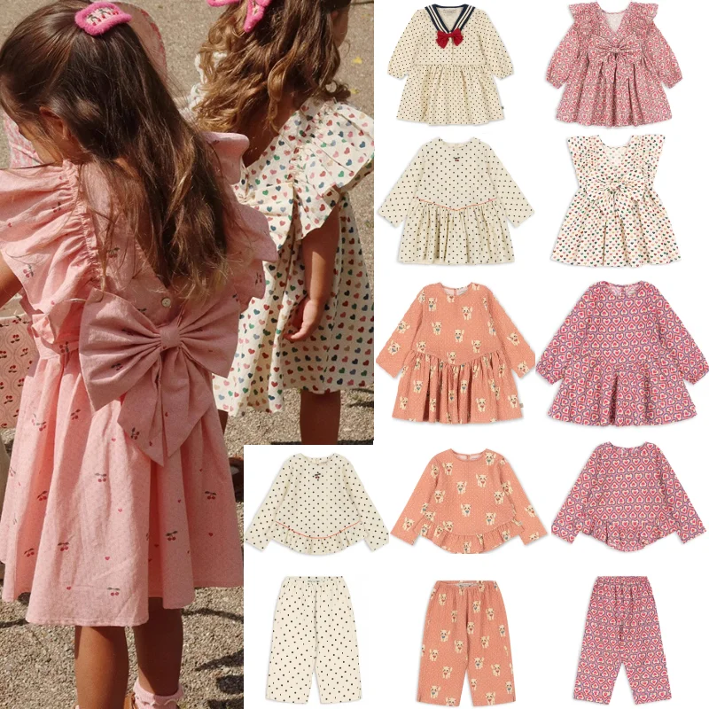 

Детское платье с рукавами-крылышками для девочек, лето 2026, новинка, белое в горошек, модное, с бантом, хлопковое, в стиле принцессы, с милым топом и широкими брюками