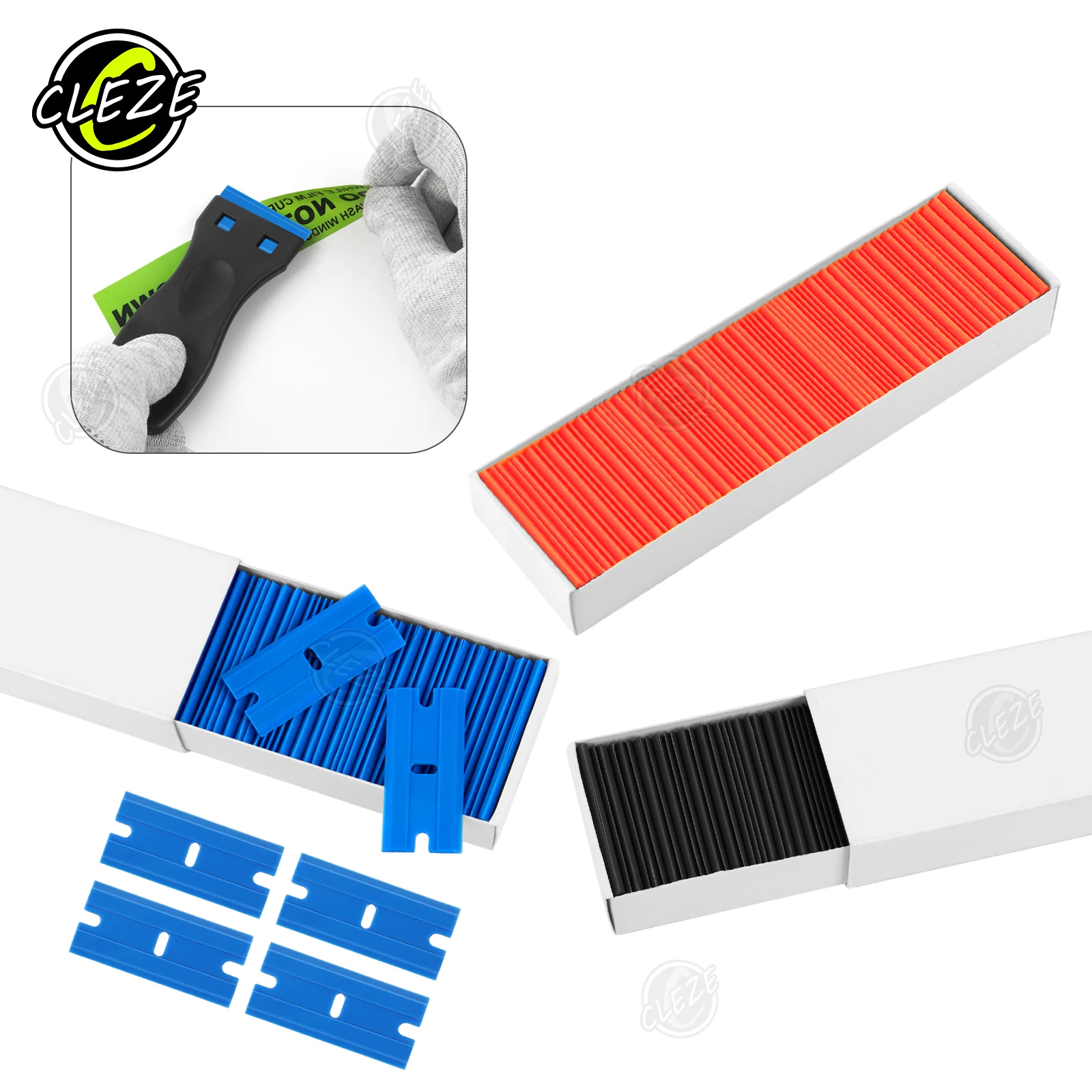 CLEZE 100PCS Plastic Razor Blades Double-Edged Scraper Tool for Window Glass Cleaning Car Wrap Sticker Adhesive Removal