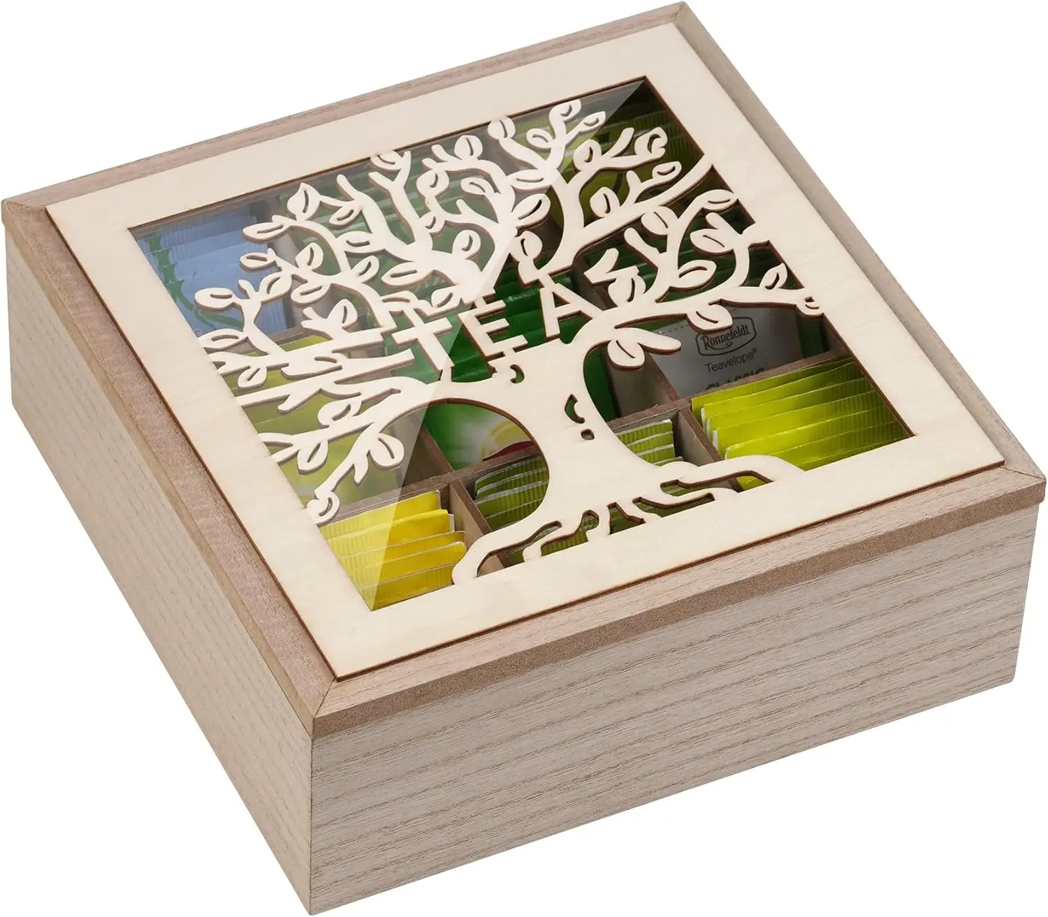 

Wooden Tea Box Organizer with Tree Pattern, 9 Compartments for Home Kitchen Office