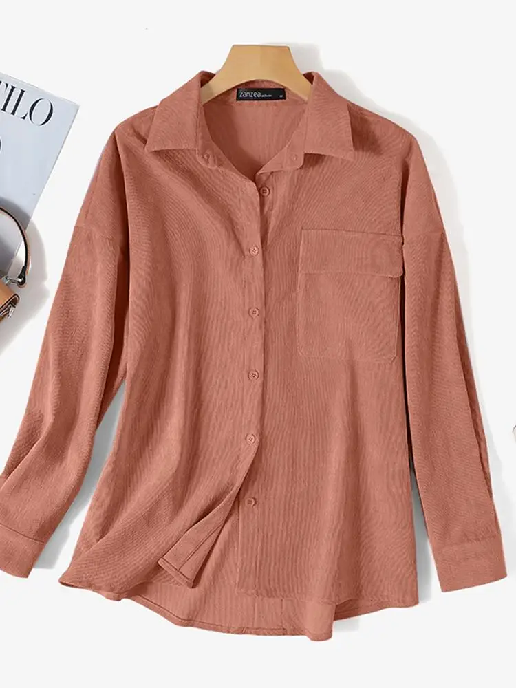 ZANZEA Fashion Tops Women Corduroy Shirts 2024 Autumn Casual Long Sleeve Tunic Lapel Vintage Loose Solid Blouse Blusas Femininas