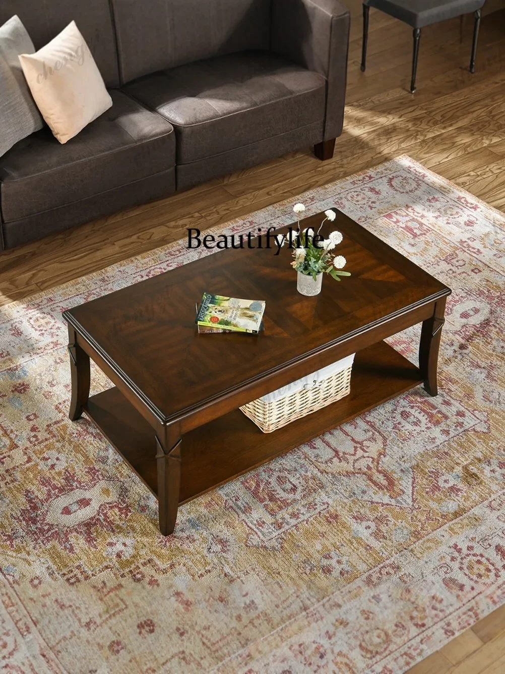 American solid wood coffee table living room household small apartment double layer tea table rectangular modern simpleA68
