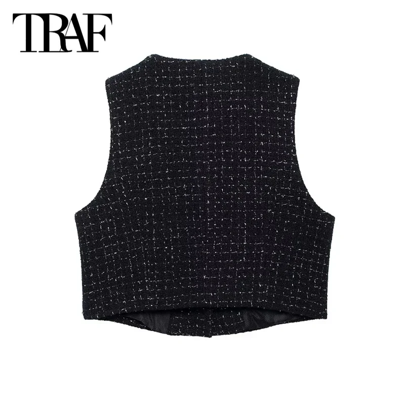 TRAF-Chaleco Corto negro sin mangas para mujer, Top corto con cuello redondo, prendas de vestir exteriores elegantes, 2024