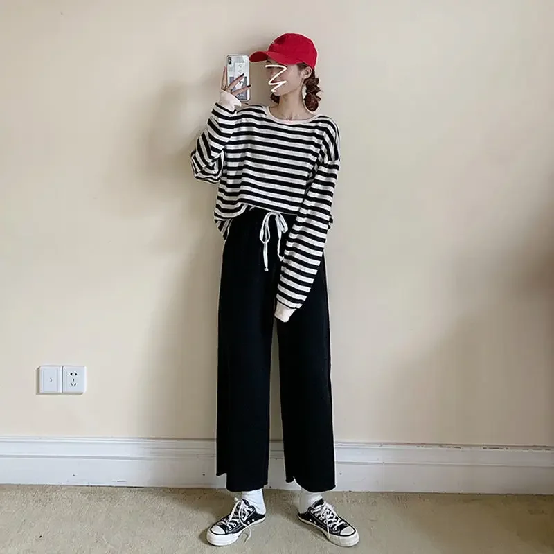

Women Sets Striped Long Sleeve Hoodies Solid Elastic Waist Ankle-length Pants Leisure Chic Streetwear Teens Unisex Harajuku New