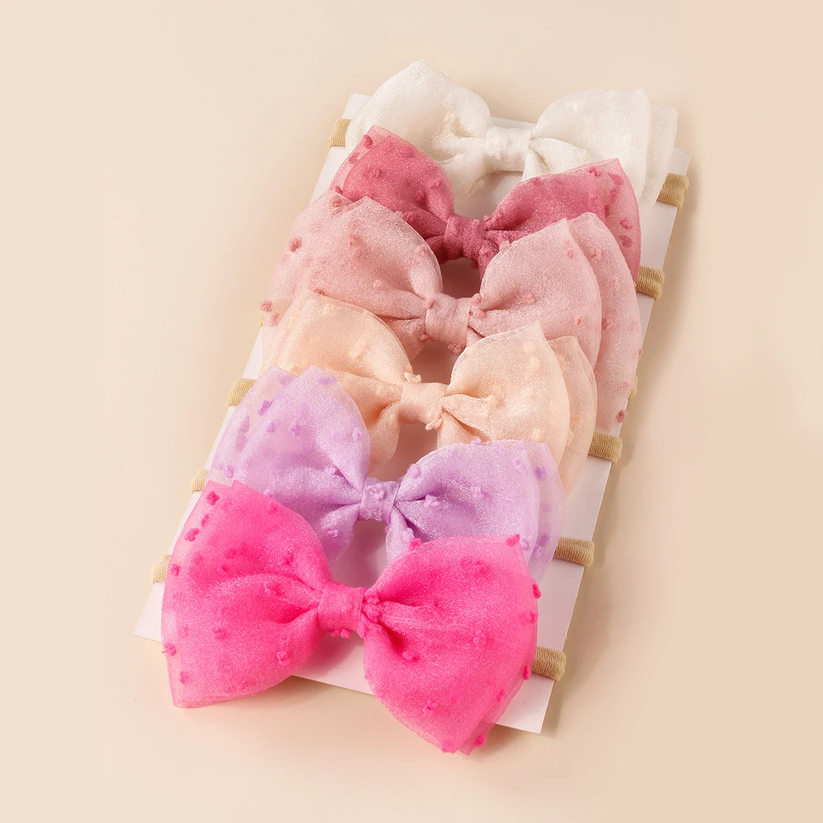 

6pcs Baby Gauze Bow Soft Nylon Headband Dual Layers Bow Dots Decor Hair Accessories For Girls Solid Color Hairband