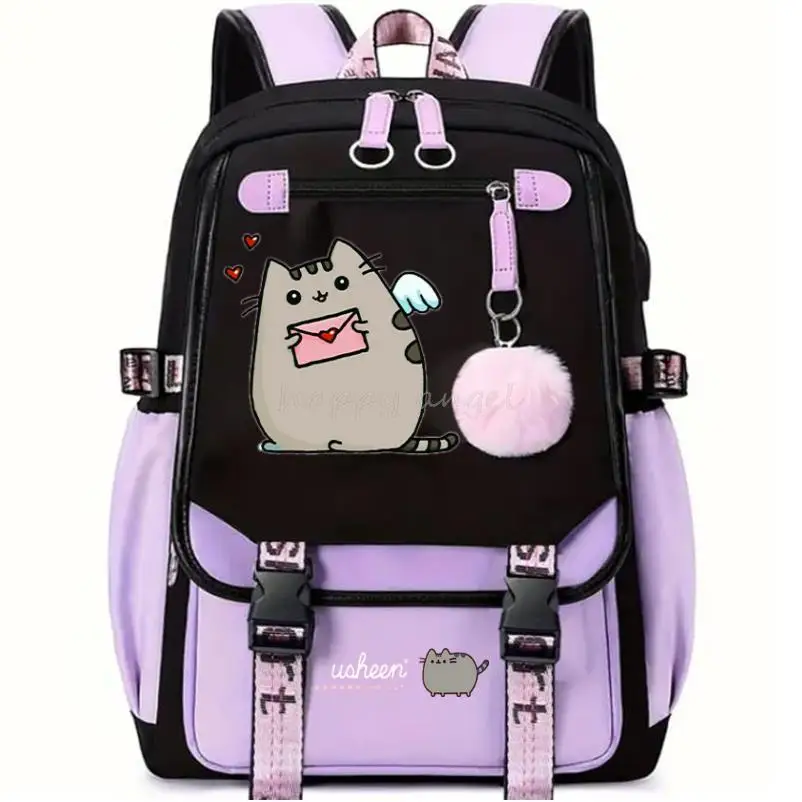 Hot Fat Cat Backpack Girl School Bag for Teenage College Wind Women SchoolBag High Student Bag Purple Canvas Bundle Usb Backpack