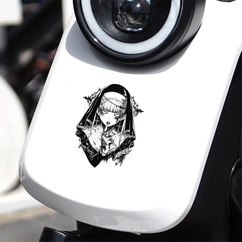 Black White Gothic Nun Anime Girl Vinyl Sticker Waterproof For Car Trunk Window Laptop RV Decor Holiday Gift