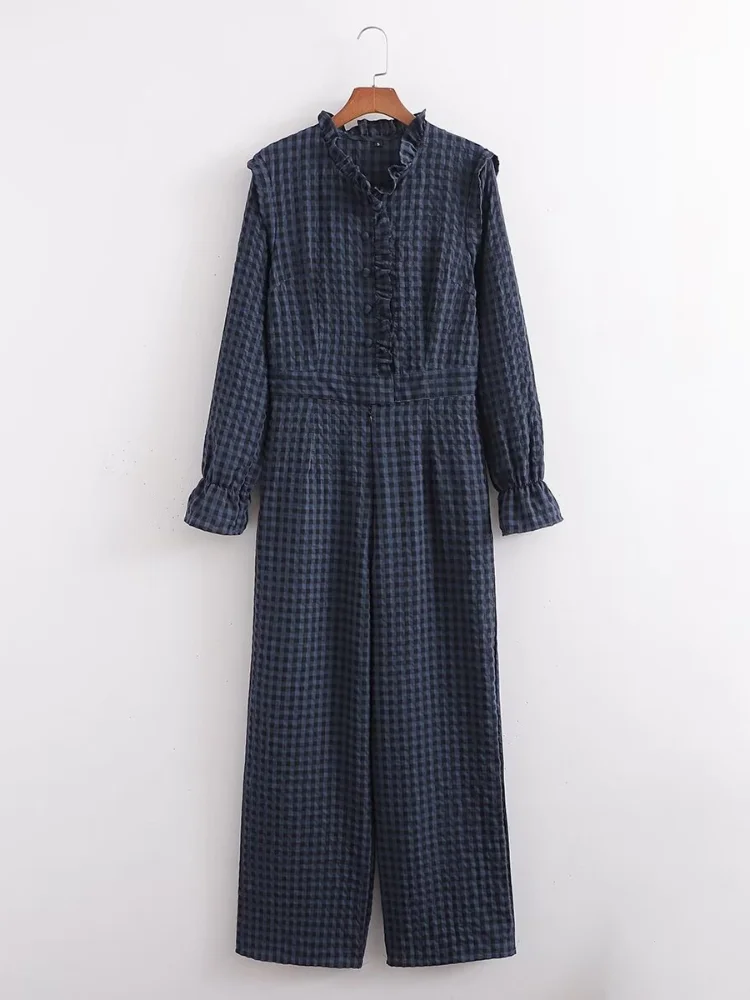 

Retro Blue Plaid Ruffle Jumpsuit Women Fashion Full Sleeve Single Breasted V-neck Slim Jumpsuits 2026 Lady Spring Autumn Wear