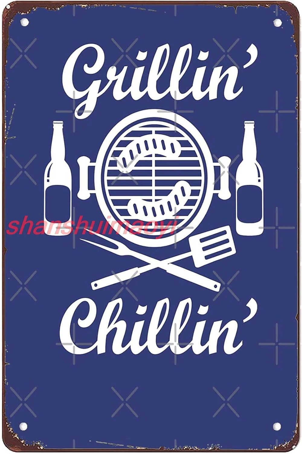 New Vintage Retro Metal Tin Sign Grillin Chillin BBQ and beer drinking Wall Art Farm Garage Man Cave Dining Room Bar Chris ASC