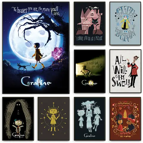 Póster e impresión de película de Anime Coraline, citas de bruja de terror de dibujos animados, pintura en lienzo, arte de pared para estética, decoración del hogar para sala de estar