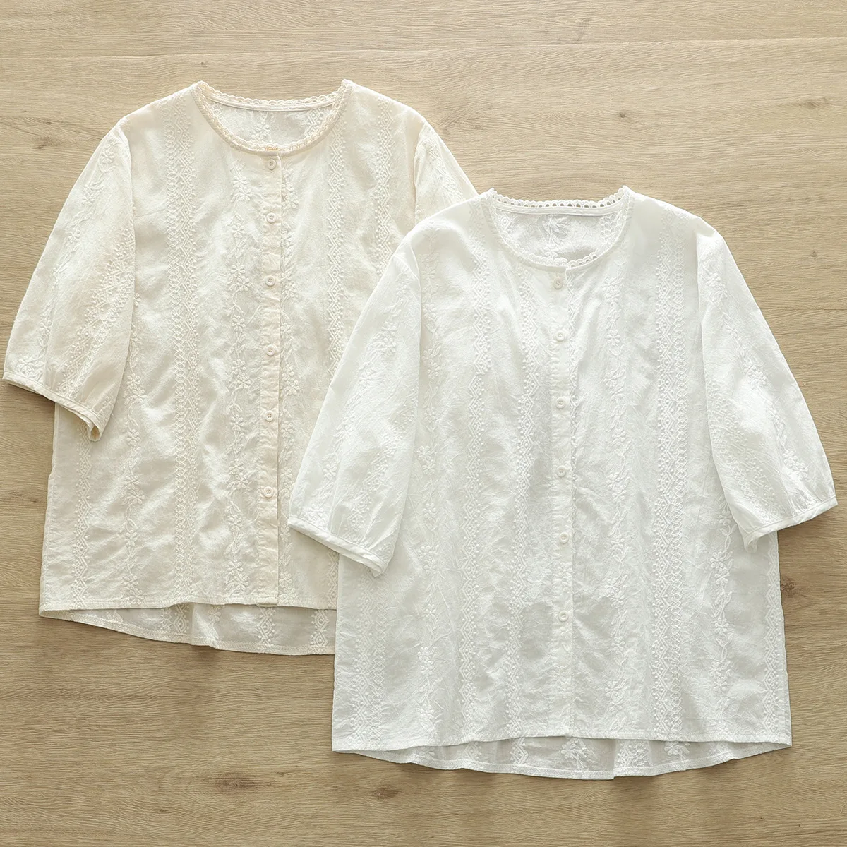 Blusa de algodón de manga corta para verano, camisa bordada de estilo japonés, color blanco y beige, 2024