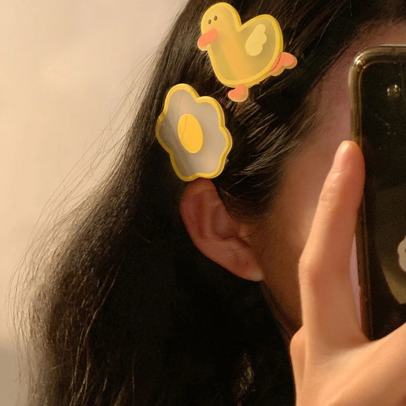 Super Cute Cartoon Yellow Duck Poached Egg Fringe Side Girl Hair Clip Spring Cute Cartoon Kawaii Sweet Princess Hair Clip