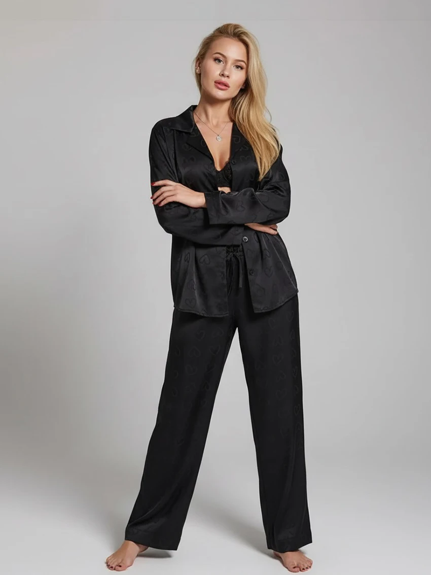 

Marthaqiqi Spring Ladies Nightwear Set Long Sleeve Nightgowns Turn-Down Collar Pajamas Pants Casual Female Sleepwear Suits Loose