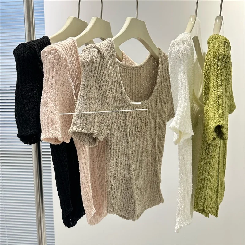 

Slim Fit Fishbone Knit Top Women's Spring Summer U Neck Three Button Elastic Short Style Korean Version Commute Style Tshirt