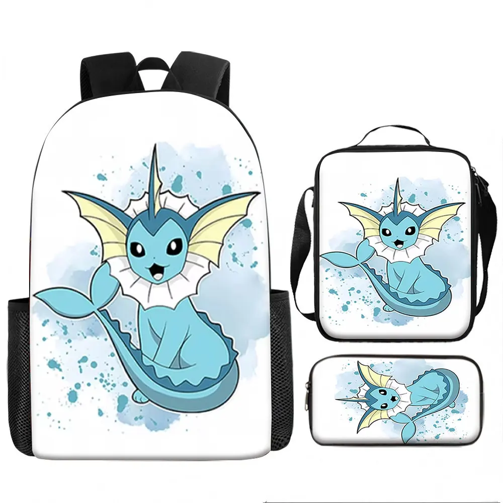 Kindertasche, Pokémon, Vaporeon, 3-teiliges Rucksack-Set, atmungsaktive Schultasche mit Aquarell-Druck, mit Lunch-Tasche, Stiftetui für Schüler