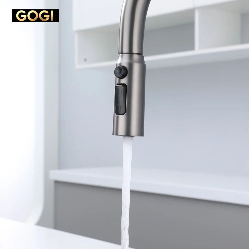 GOGI Solid Brass 4-in-1 Pull Out Kitchen Faucet 4 Water Modes Rain Spray 360° Rotation Hot Cold Sink Tap