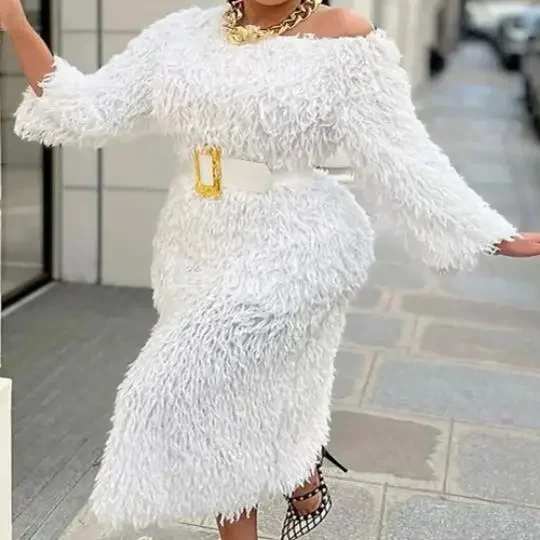 

African Wedding Party Dresses for Women White Spring Long Sleeve O-neck Tassel Bodycon Dress Dashiki African Clothing Outfits