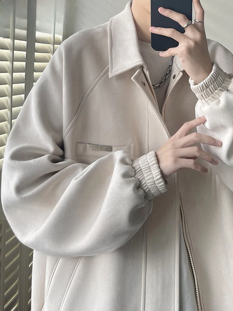 

Wassup Happy Men's Suede Jaet Casual Lapel Loose Fit Autumn Winter Faion Brand Haome Trendy Zipper Closure Long Sve