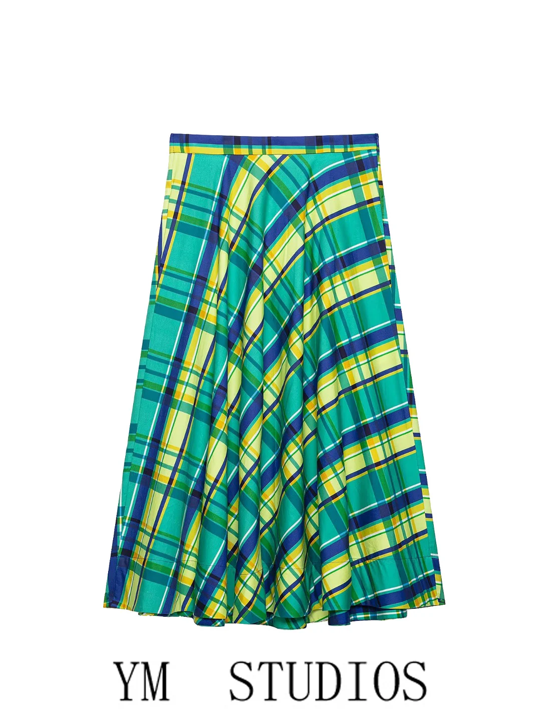 High Waist Midi Green Plaid Skirt Fashionable A-Line  Dress Women's Summer Polyester Fiber Print Street Style Half-length