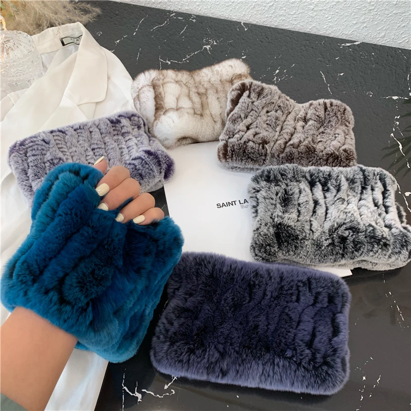 Women Handmade Stretch 100% Real Rabbit Fur Scarf Knit Genuine Rex Rabbit Fur Headbands Girls Natural Rabbit Fur Ring Scarves