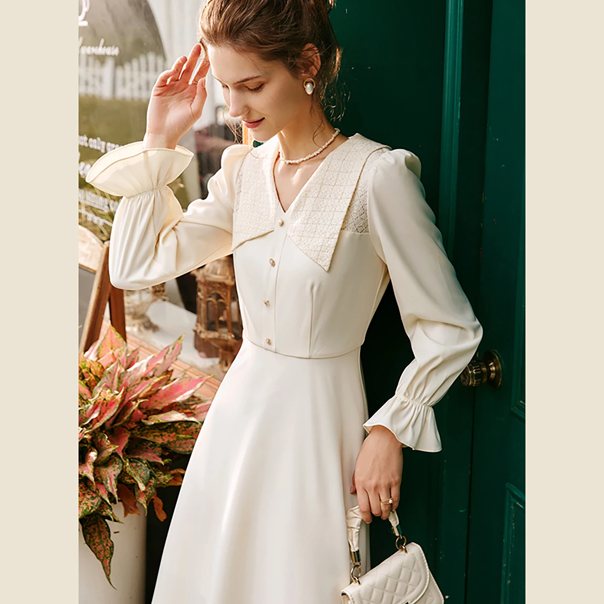 OLrain Black Dresses Woman Elegant Ladies 2025 Autumn French Fashion Lace V Neck Long Sleeve Midi Dress Women Clothes O22CL58351