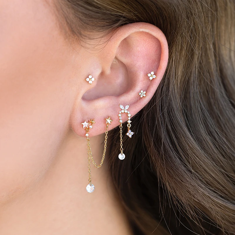 

Exquisite Gold Plated Chain Star Dangle Earrings for Women CZ Zirconia Piercing Stud Earrings Woman Fashion Jewelry Accessory
