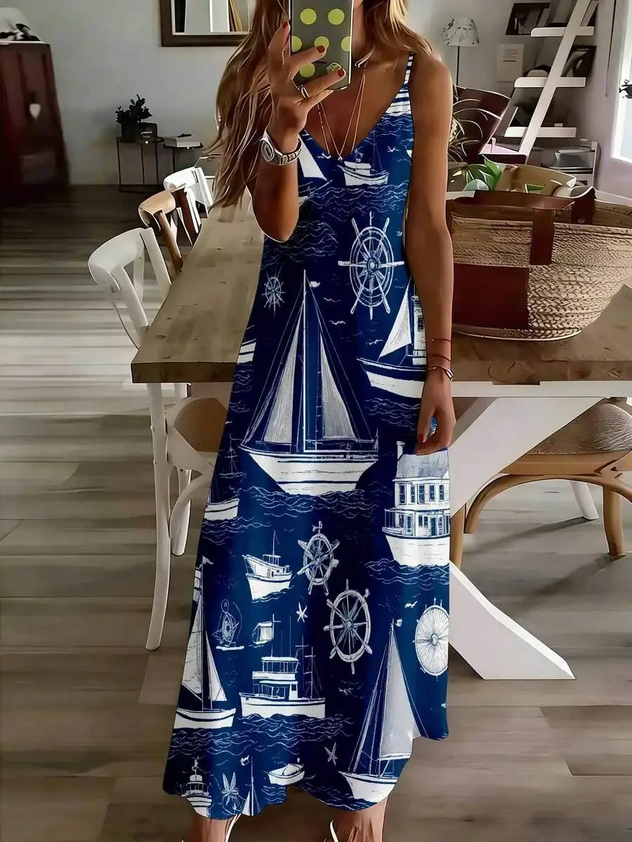 

Nautical Sailboat Print Sleeveless Maxi Dress For Beach Vacation Summer Casual Wear