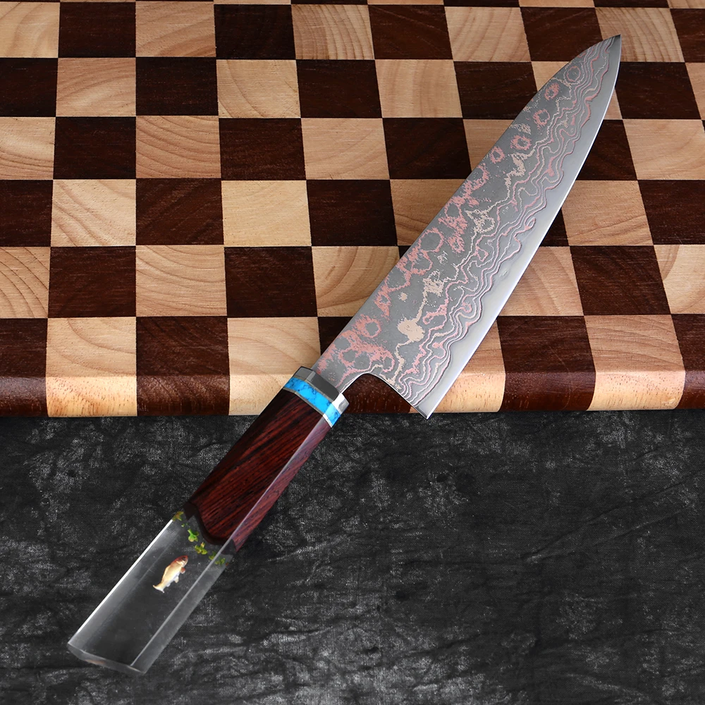

Damascus Chef Knife 8 inch,Japanese Kitchen Knives 33 Layer Copper&Damascus Steel Ultra Sharp Slicing Knife for Chopping,Slicing