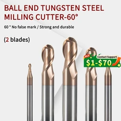 2 Flute Cutting HRC60 0.5mm 0.75mm 1.25mm 2mm 3mm 6mm Milling Machining Tungsten Steel Sprial Milling Cutter Ball Nose End Mill